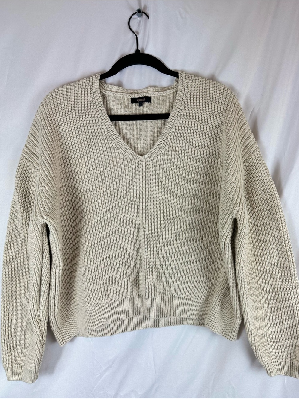 Quince Fisherman V-Neck Sweater 100% Organic Cotton in Speckled Beige Size Large - Picture 4 of 15